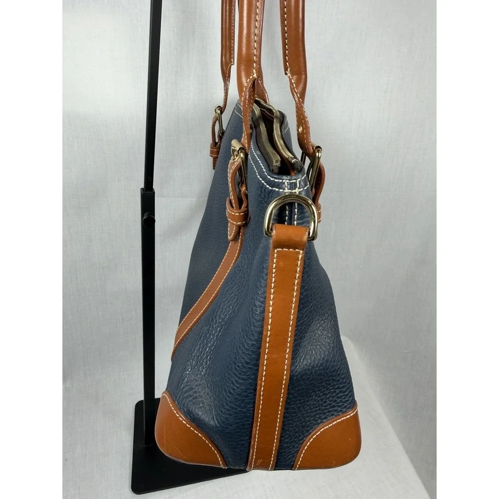 Dooney‎ & Bourke Pebbled Leather Domed Satchel Navy Tan Zip Shoulder Bag Luxury